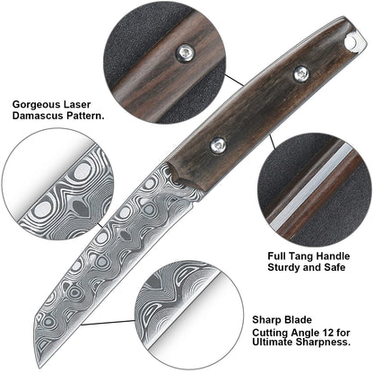 WILDMOK Paring knives Stainless Steel 3.2 Inch Utility Knife Full Tang Fruit Vegetable Cutting Carving Kitchen Knife with Leather Case (A)