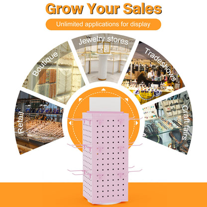 VACONICO Rotating Pegboard Display Stand with 24 Hooks, Tabletop Metal Peg Board Organizer for Craft Shows, Retail Stores, Vendors & Artists – 4-Sided Spinning Rack (Pink)