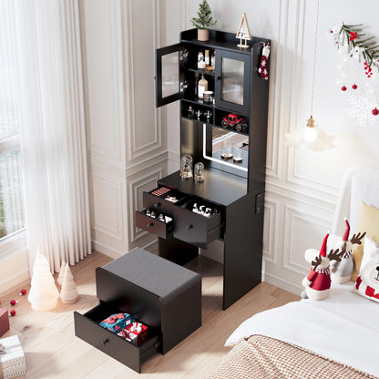 Garvee 3 in 1 Vanity Desk with LED Light, Tall Makeup Vanity Set with 2 AC Outlets & USB-c, Dressing Table with Drawers & Acrylic Doors, Nightstand Vanity Mirror, Jewelry Box, Cushioned Chair, Black