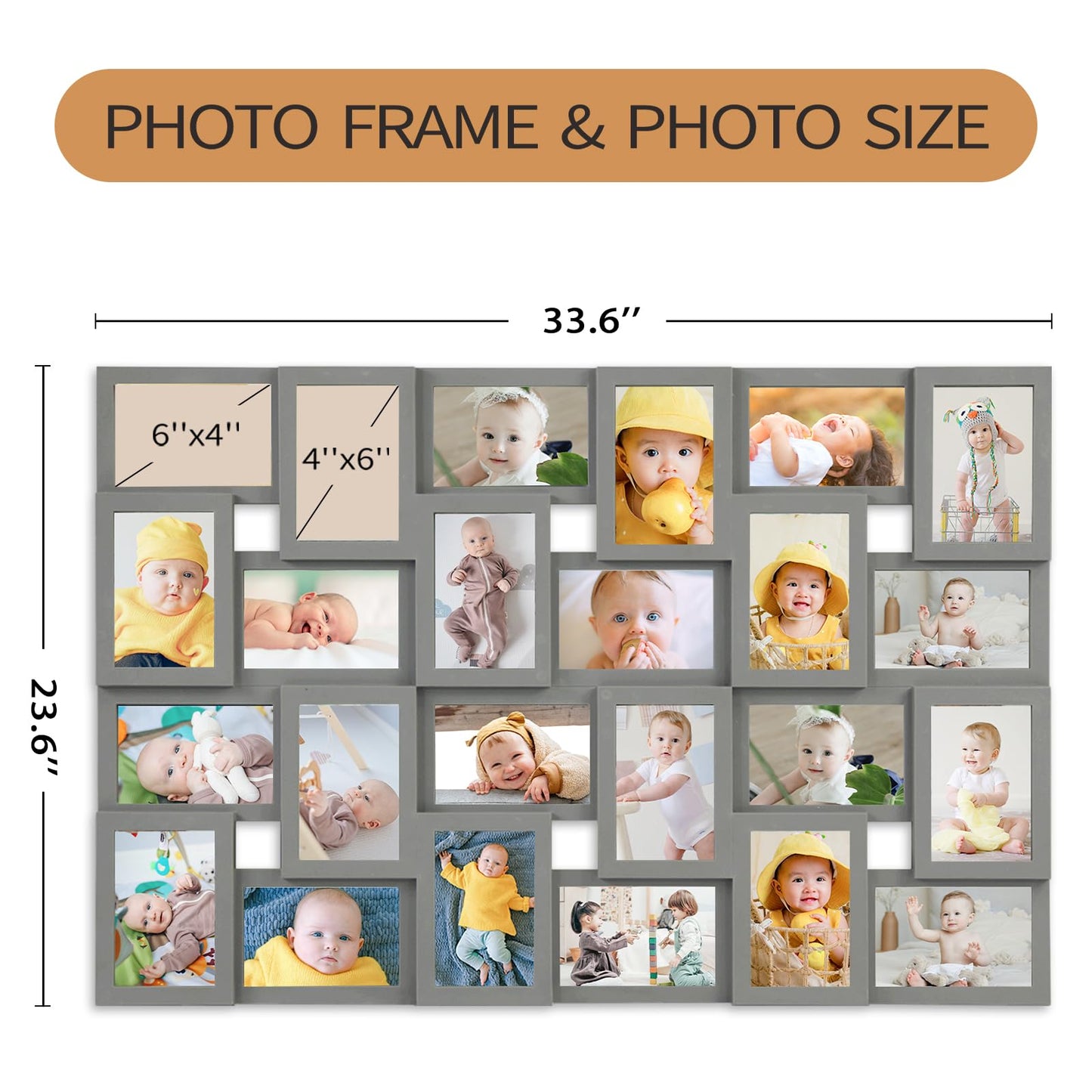 HELLO LAURA 4×6 Collage Picture Frames,24 Opening Photo Collage Frame for Wall Decor,Multi Family Photo for Gallery Decor, Hanging Display - Grey