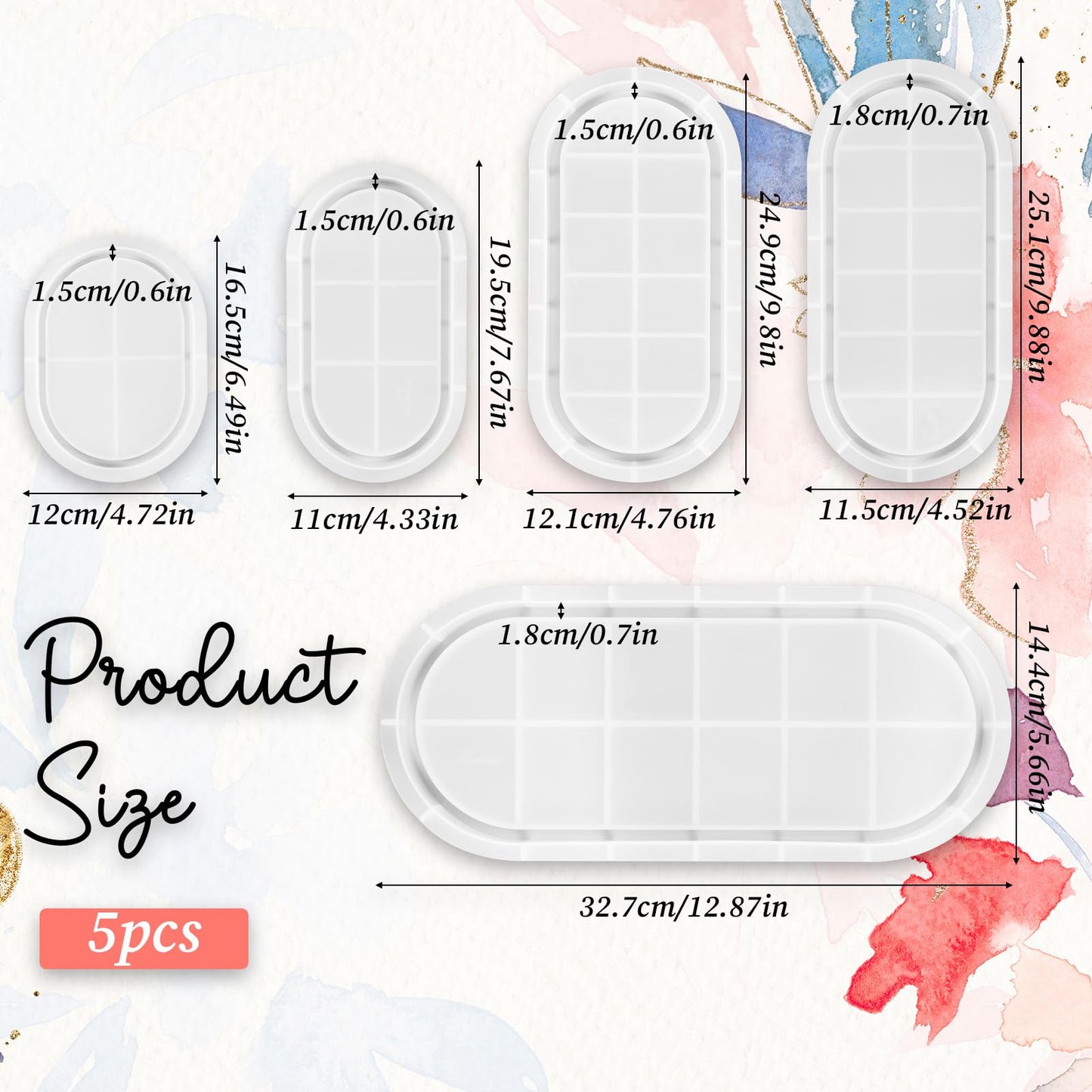5 Pcs Oval Tray Resin Molds Set, 12'', 10'', 9'', 7'', 5.7'' Silicone Tray Molds for Epoxy Resin, Jewelry Holder, Concrete, Clay, Gypsum