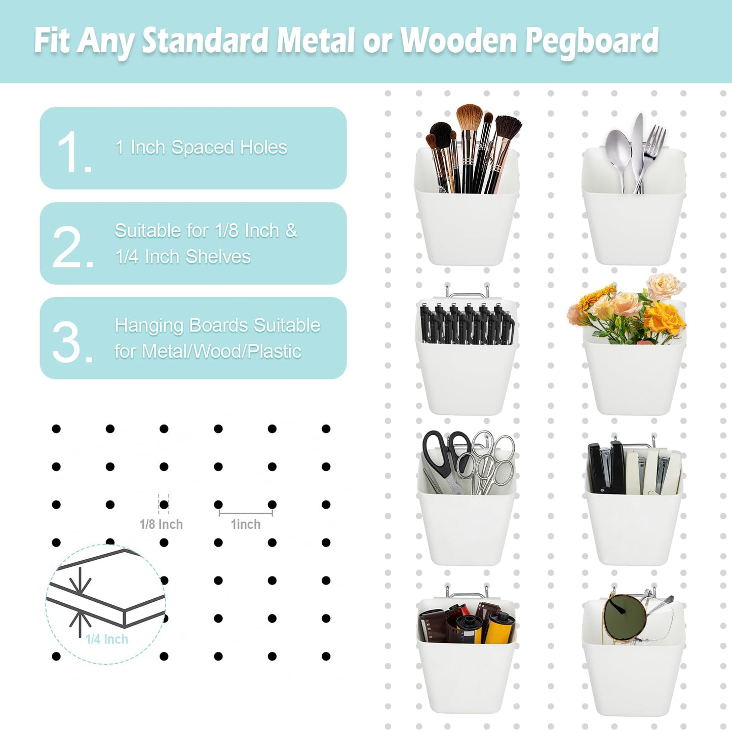 FIMXSD 8 Pack Large Pegboard Bins with Hooks, Square Box Shape Peg Board Cups and Peg Board Accessories for Craft Room, Playroom, Office, Garage, and Wall Mount Organization (White)