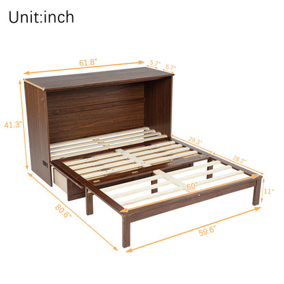 PVWIIK Queen Size Murphy Bed Cabinet with Power Station & Large Drawer for Bedroom,Pine Wood Folding Chest Bed with Rattan Panel, Space-Saving Wall Bed, Walnut