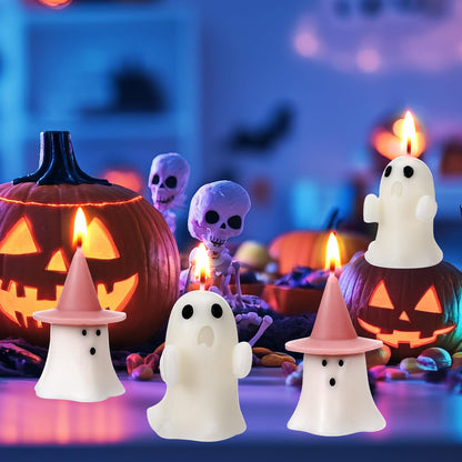 Minatee 4 Pieces Halloween Ghost Candles Large Scented Spooky Cute Pink Witch Hat Candles Gifts for Halloween Party Boo Basket Stuffers Home Table Decor, 2 Style