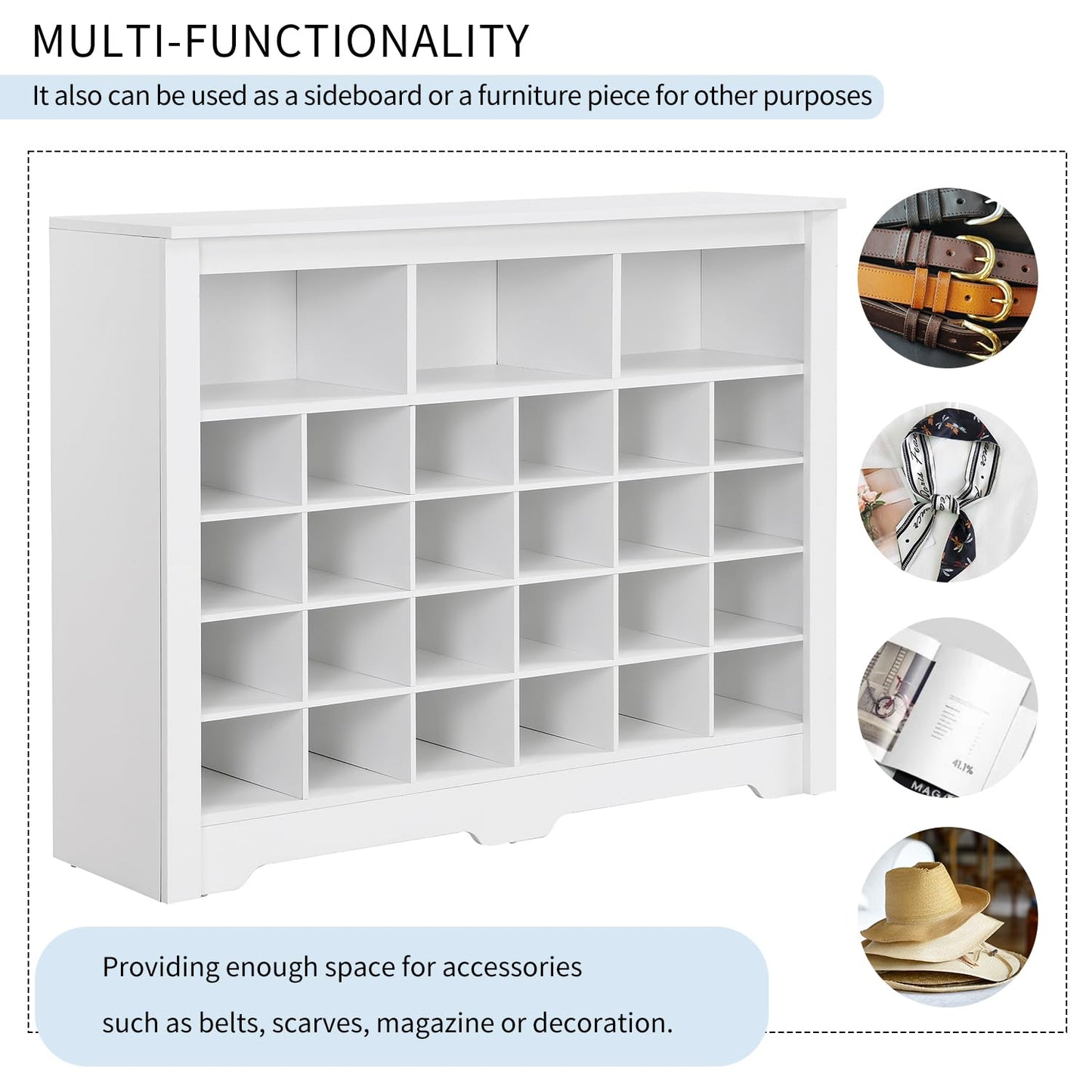 Merax Sleek Design 24 Shoe Cubby Console, Modern Storage Cabinet with Curved Base, Versatile Sideboard for Hallway, Bedroom, Living Room, White