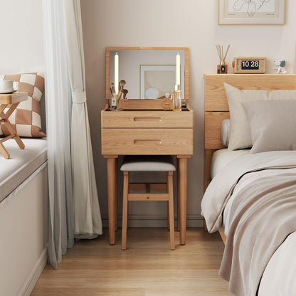 Muwuele Solid Wood Small Vanity Desk with Mirror and Lights, Narrow Makeup Vanity for Small Space, Flip Top Vanity Side Table, 3 Color Modes & Adjustable Brightness, 19.6" Slim Dressing Table, Natural