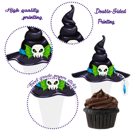 Witch Hat Cupcake Topper Halloween Horror Theme Decorations 48PCS Halloween Witch Hat Cupcake Picks Decor for Boys Girls Birthday Baby Shower Party Supplies