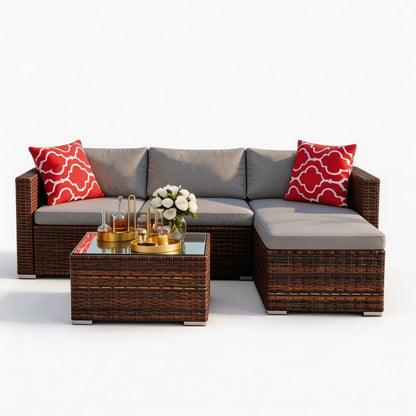 GarveeTech 5 Pieces Patio Furniture Set, All Weather Wicker Rattan Sectional Sofa,Outdoor Patio Furniture Set with Washable Cushions for Garden, Backyard, Porch, Poolside (Brown&Grey) ﻿