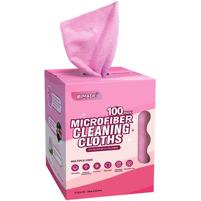 UNIMADE Microfiber Cleaning Cloth, 100 Sheets Microfiber Towels for Cars Commercial Grade Washcloths Lint-Free Bulk Shop Towel Cleaning Rags for Household Restaurant Garage Housekeeping,11"x 9", Pink