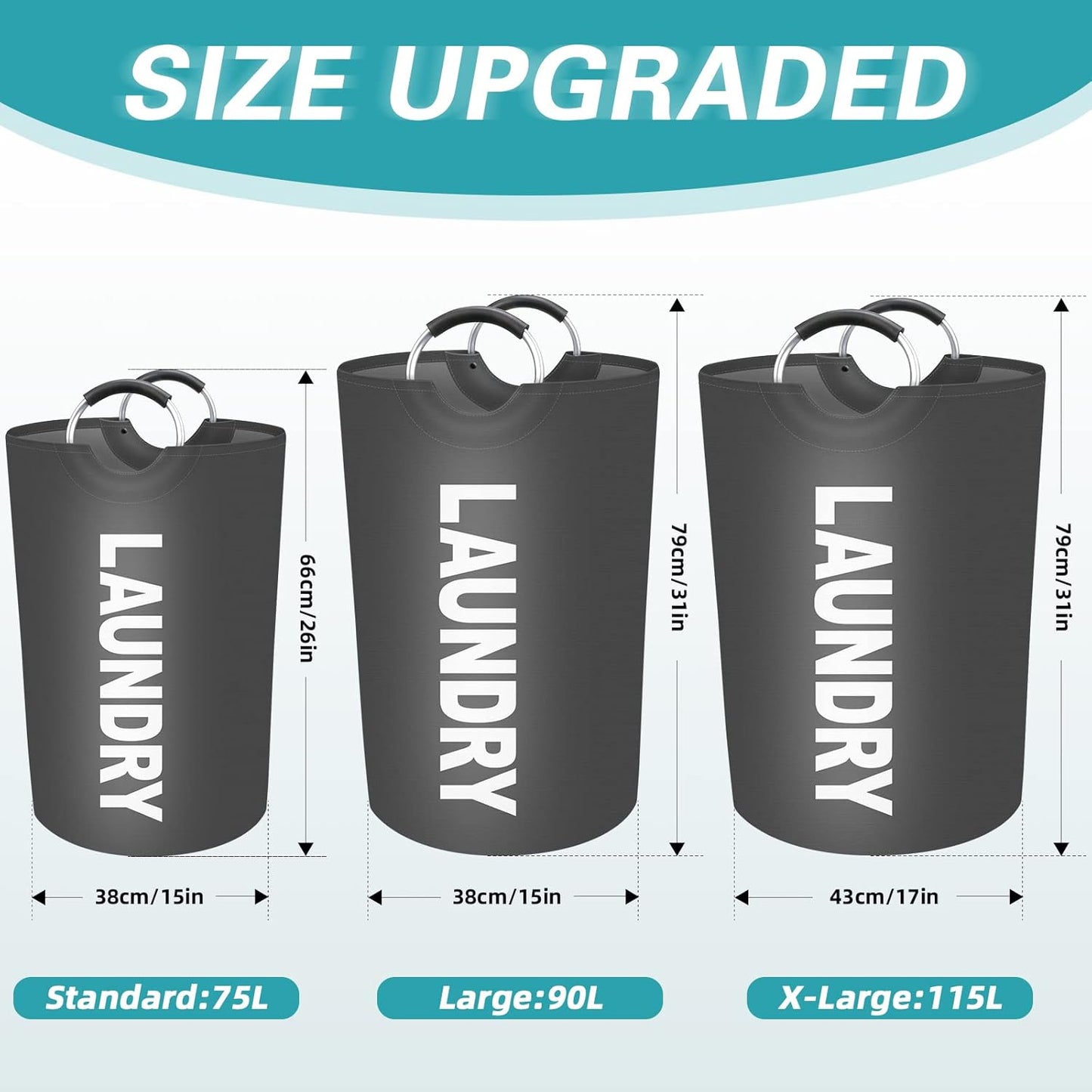 StorageRight 115L Large Laundry Basket, Collapsible Waterproof Hamper with Foam Protected Aluminum Handles (Grey)