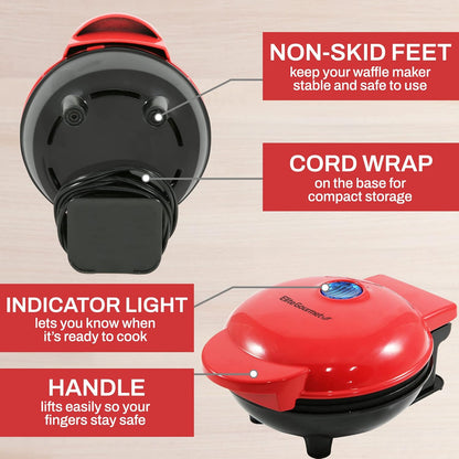 Elite Gourmet EWM015R Electric Nonstick Mini Waffle Maker, Compact Design for Belgian Waffles, Red