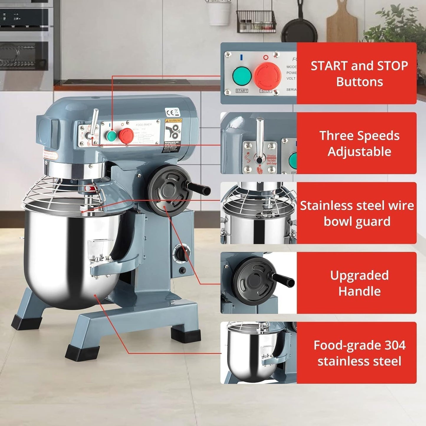 Takywep 30QT Commercial Food Mixer with Timing Function, Heavy Duty Commercial Mixer 1250W, Stainless Steel Bowl Commercial Electric Food Mixer with 3 Speeds Adjustable, Perfect for Bakery Pizzeria