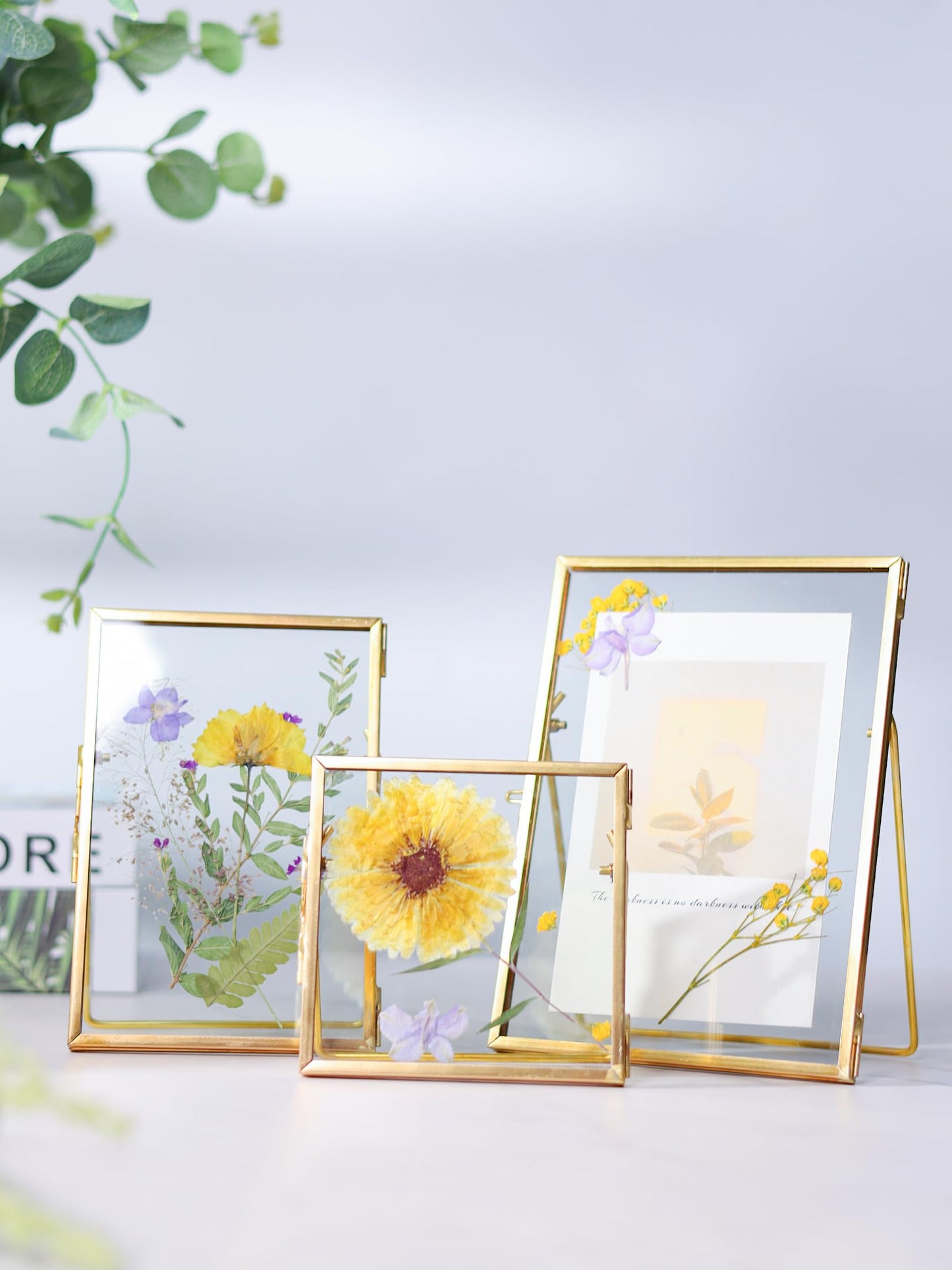 REDHUGO Glass Frame for Pressed Flowers Handmade, Double Glass Floating Picture Frame Set, Brass Photo Frame, Standing Frame Set, Small Picture Frame, Gifts for Family, 4×4", 4×6", 5×7", Gold