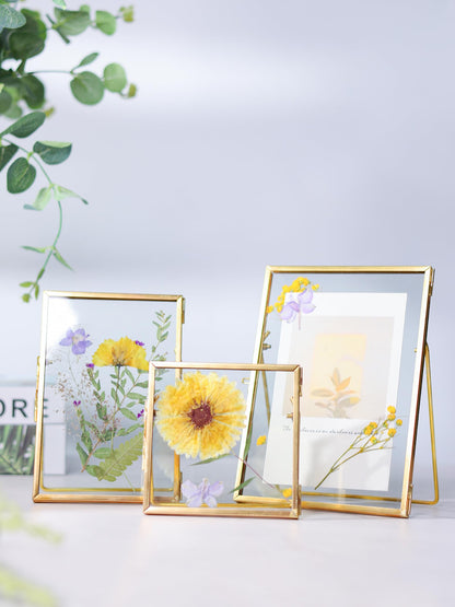 REDHUGO Glass Frame for Pressed Flowers Handmade, Double Glass Floating Picture Frame Set, Brass Photo Frame, Standing Frame Set, Small Picture Frame, Gifts for Family, 4×4", 4×6", 5×7", Gold