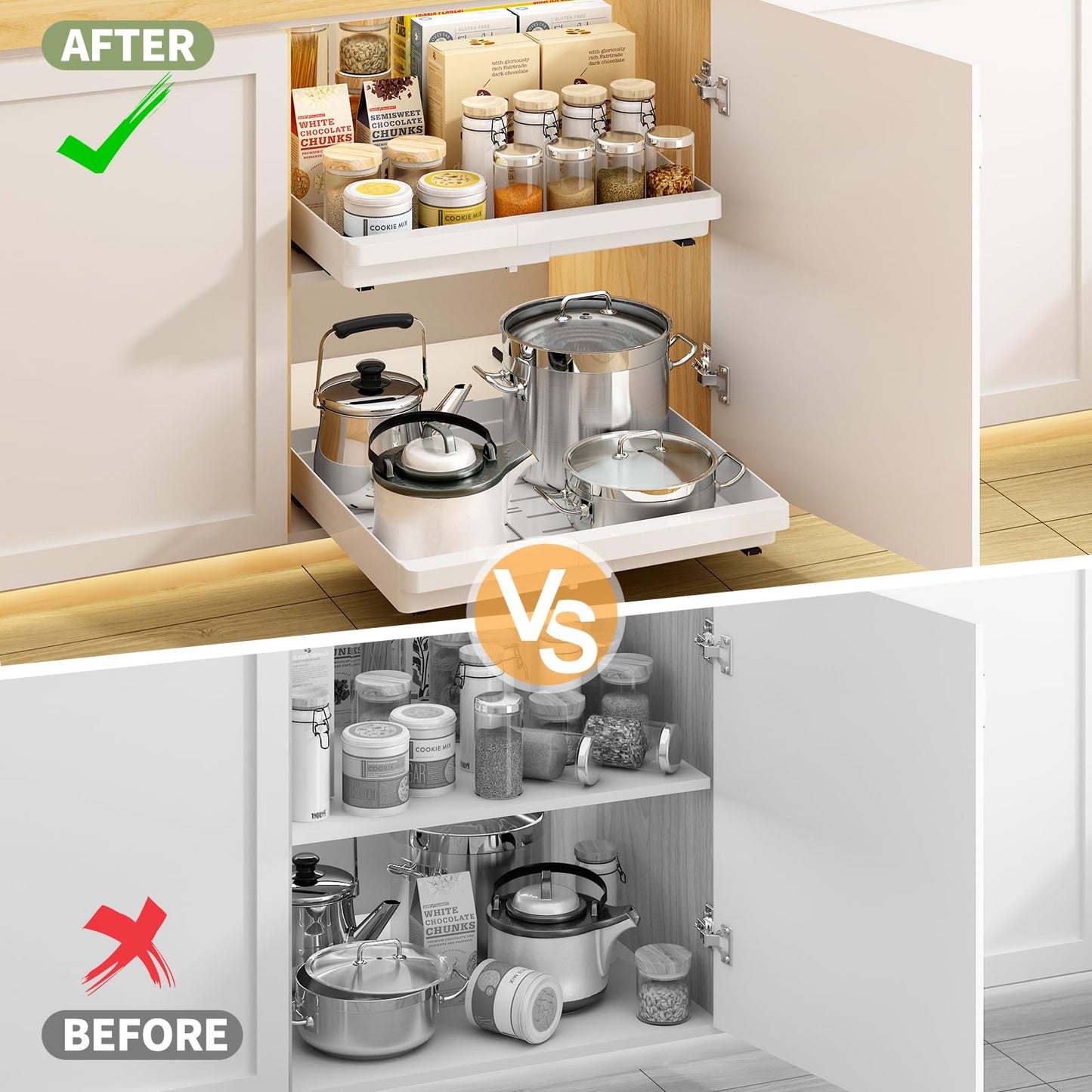 DOMNIU 2 Pack Pull Out Cabinet Organizers Expandable, Plastic Slide Out Drawers for Kitchen, Bathroom, Pantry, Under Sink Storage, Pull Out Drawers Fixed with Adhesive Nano Film (White, 11.6''-17.5'')