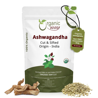 Organic Way Ashwagandha Root Cut & Sifted (Withania somnifera) - Organic & Kosher Certified | Vegan, Non GMO & Gluten Free | USDA Certified | Origin - India (1LBS / 16Oz.)
