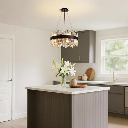 CROSSIO Modern Crystal Chandelier for Dining Room, 12-Light Luxury Black 2 Tiers Crystal Raindrop Chandelier, Contemporary Hanging Light Fixture for Living Room Entryway Foyer D19.7''
