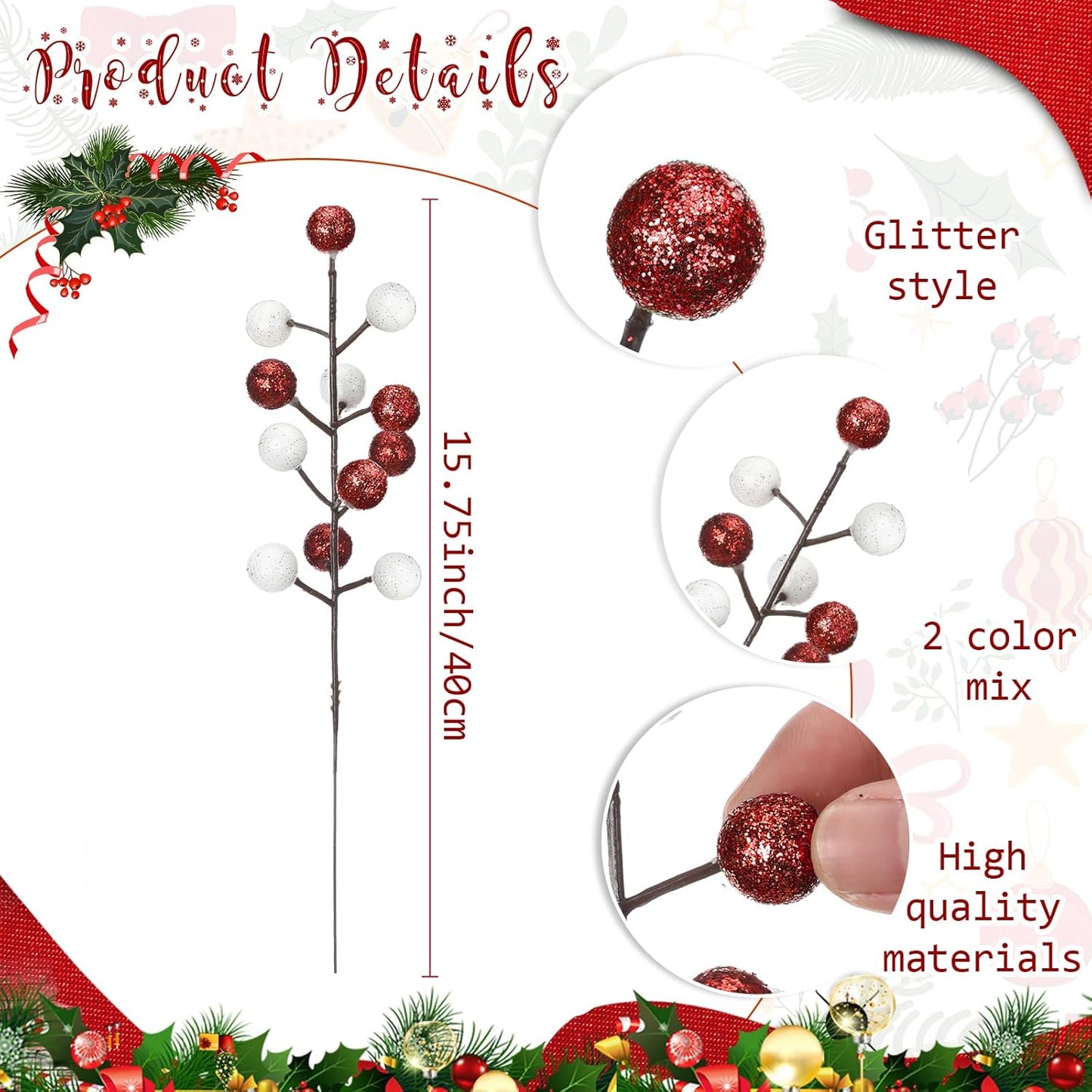 zsccxq 24 Pcs Christmas Tree Decoration Artificial Berry Stems Branches, Christmas Faux Holly Colorful Berries Branches