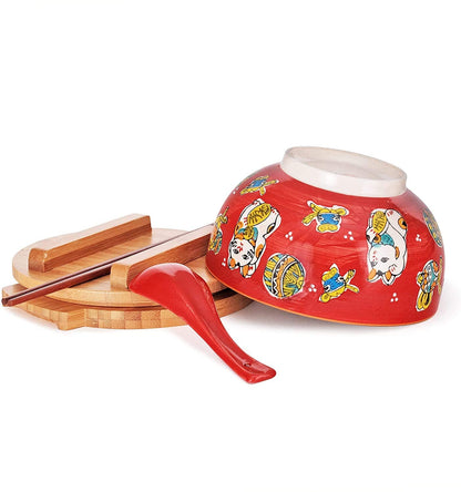 Happy Sales HSKM-RDCAT6, Japanese Kamameshi Vintage Style Rice Noodle Ramen Bowl with Bamboo Lid Trivet Chopsticks and Porcelain Spoon Bowl Set, Red Lucky Cat