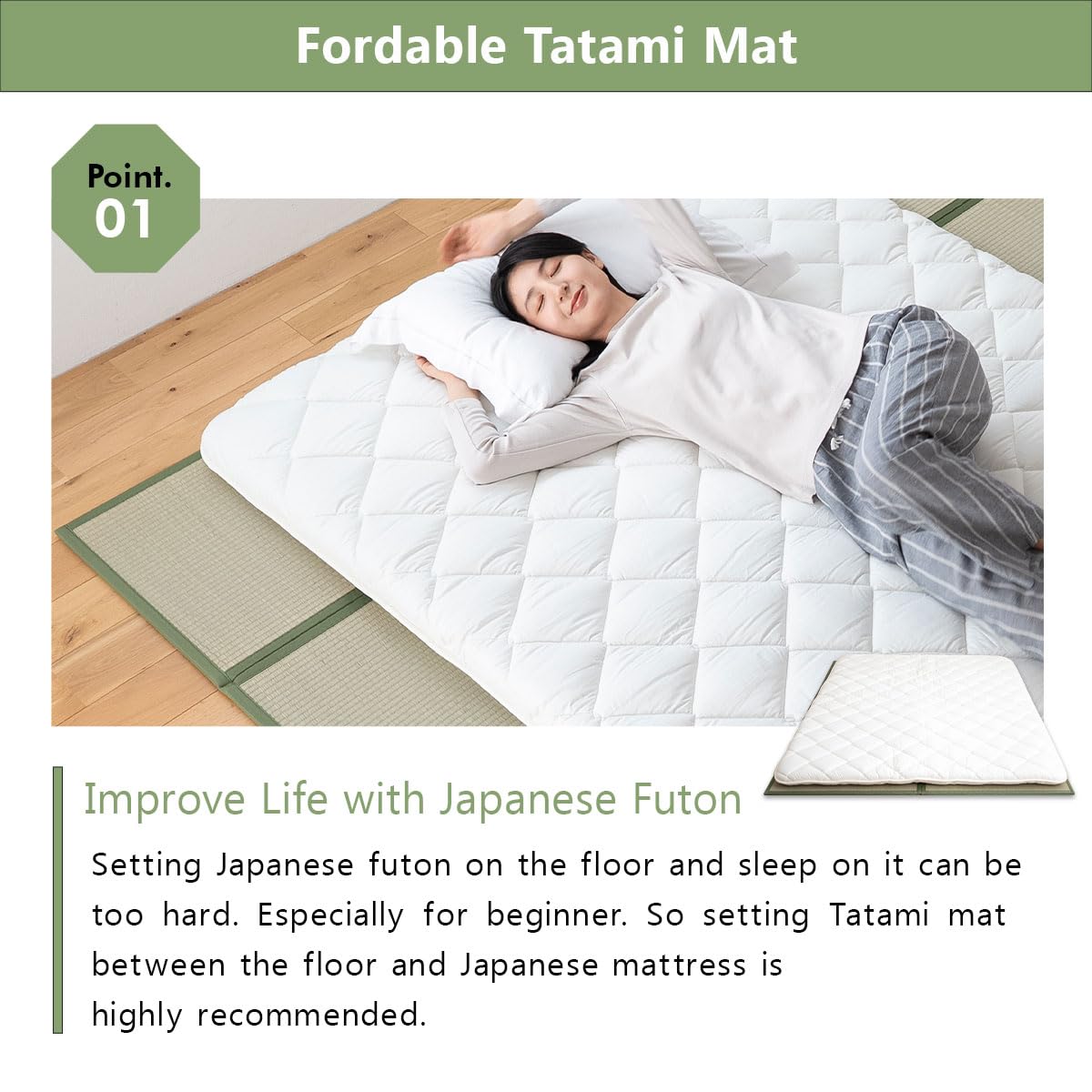 EMOOR Japanese Futon Mattress Premium CLASSE and Tatami Mat Set Full, Floor Sleeping Mat Sikibuton Igusa Natural Cotton