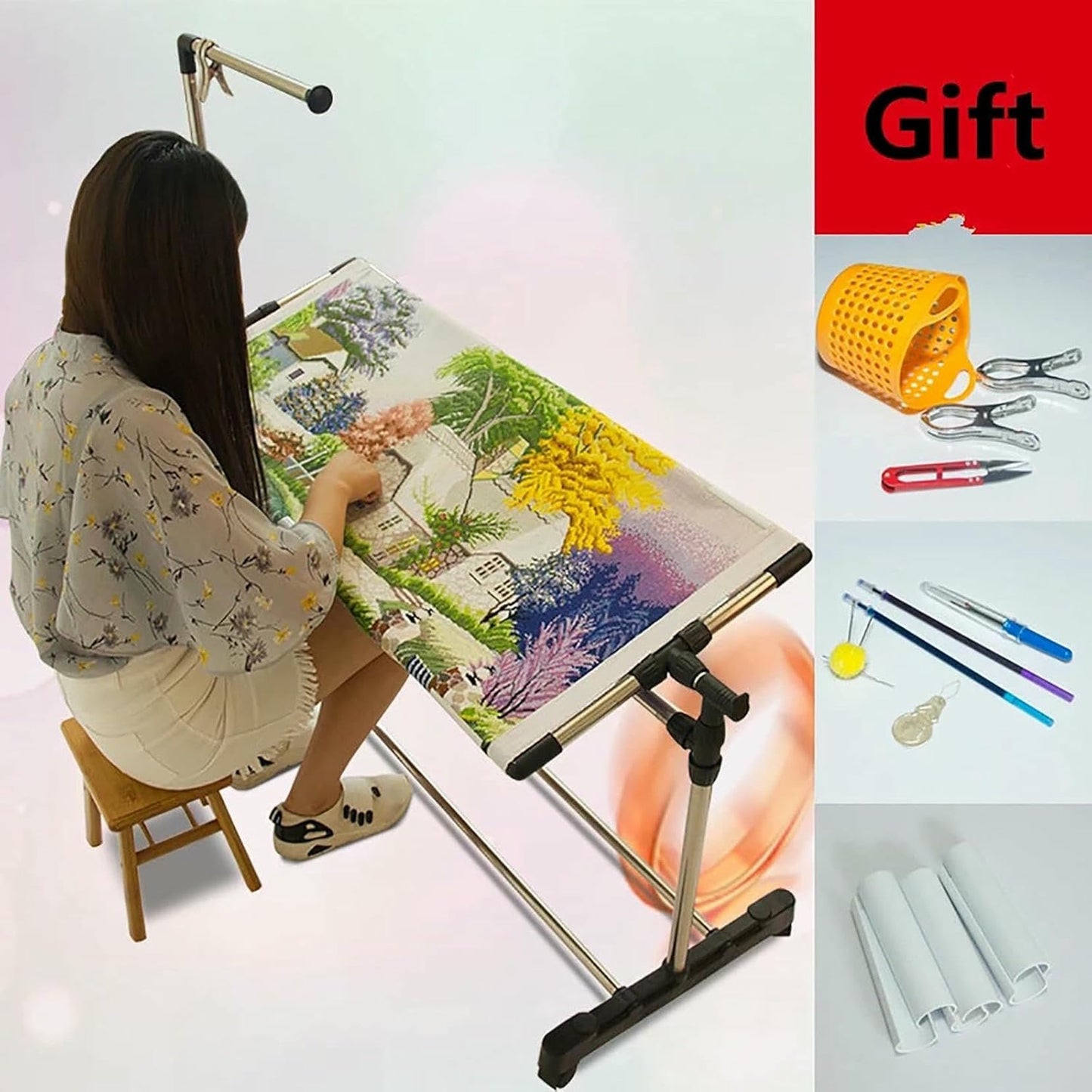 Embroidery Stand - Height Adjustable Floor Frame for Versatile Needlework, Cross Stitch, Sewing and Art Craft - Convenient Lap Table for Standing, Perfect Embroidery Holder!~/