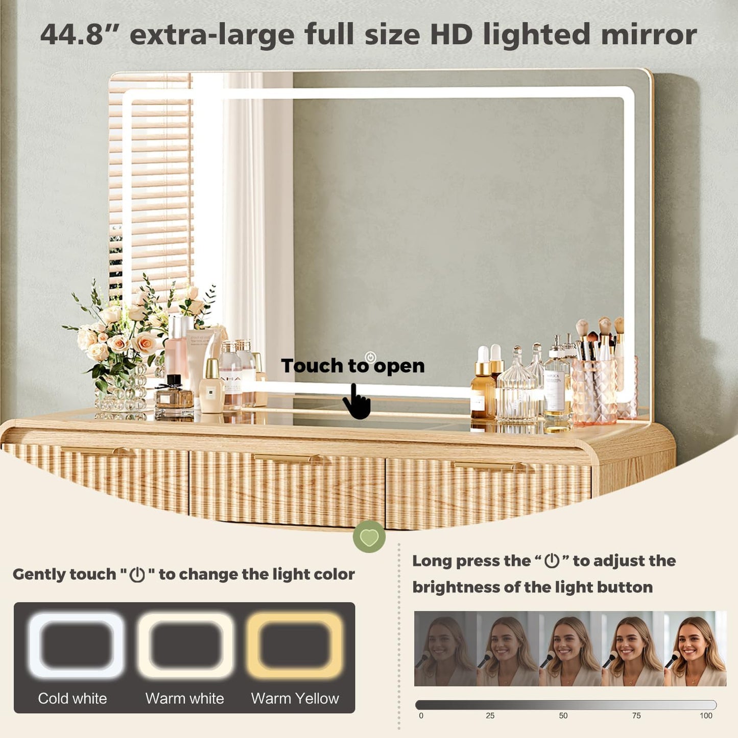 47“Makeup Vanity Desk with 44.8" Mirror and Lights, Vanity Desk with 7 Drawers, Makeup vanity table with a glass tabletop, 3 Color Modes & Adjustable Brightness Dressing Table, Bedroom,Oak515