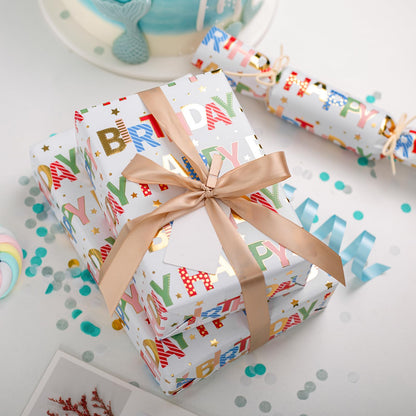 Merture Colorful Wrapping Paper Roll - 17 In X 32.8 Ft - Foil Happy Birthday Lettering & Candles Wrapping Paper for Birthday, Baby Shower, Party