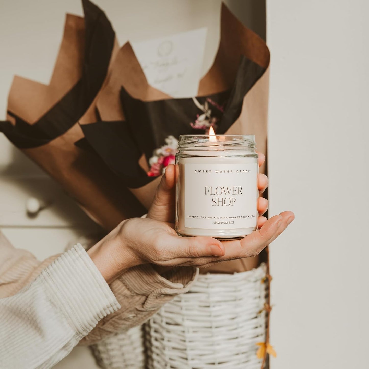 Sweet Water Decor Rose Candle, Jasmine Candle with Pink Peppercorn Scent, 100% Cotton Wick, 40 Hours Burn Time