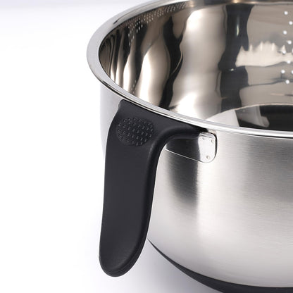 Rice Washer Strainer Bowl Quinoa Washing Bowl whit Handle Stainless Steel Colander Versatile Side Drainers for Cleaning Rinsing Fruits, Vegetables, and Beans - Tilting Non-slip Silicone Bottom