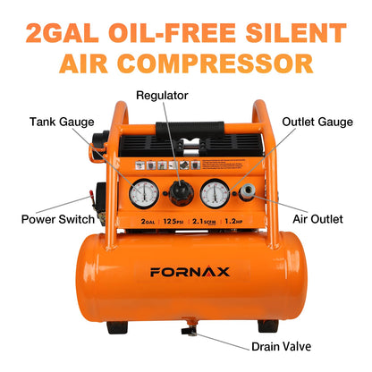 FORNAX Air Compressor Portable 2 Gallon, 1.2 HP 2.1 SCFM@ 90 PSI Oil Free, Max Pressure 135 PSI, 65 dB Silent Air Compressor for Auto Repair, Tire Inflation, Airbrushing, Nailing