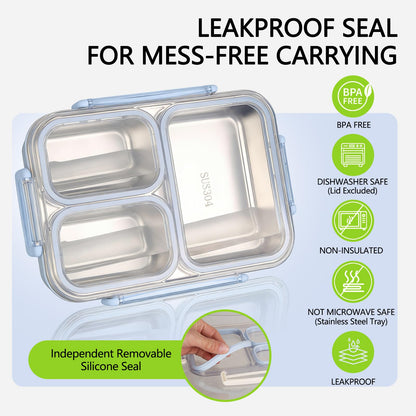 PTYTIFY Stainless Steel Bento Box, 3 Compartments Leakproof Stainless Steel Snack Containers, 25 oz Premium 304 Metal Lunch Box for Adults, BPA-Free, Dishwasher Safe (Blue)