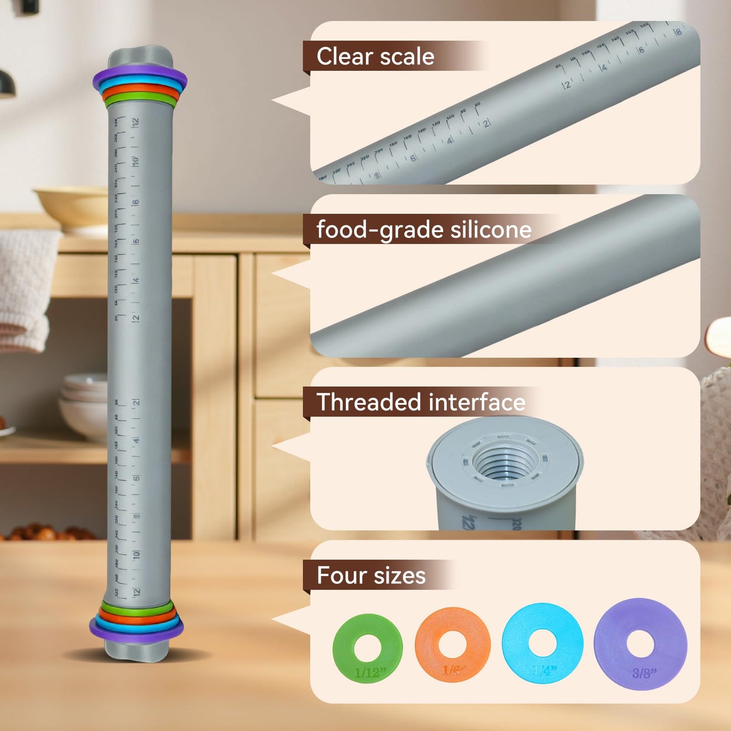 Adjustable Rolling Pin with Thickness Rings, 12.8" Silicone Non Stick Dough Roller for Pizza, Pastry, Fondant, Pie Crust, Baking Tool with Stainless Steel Core, Easy Clean