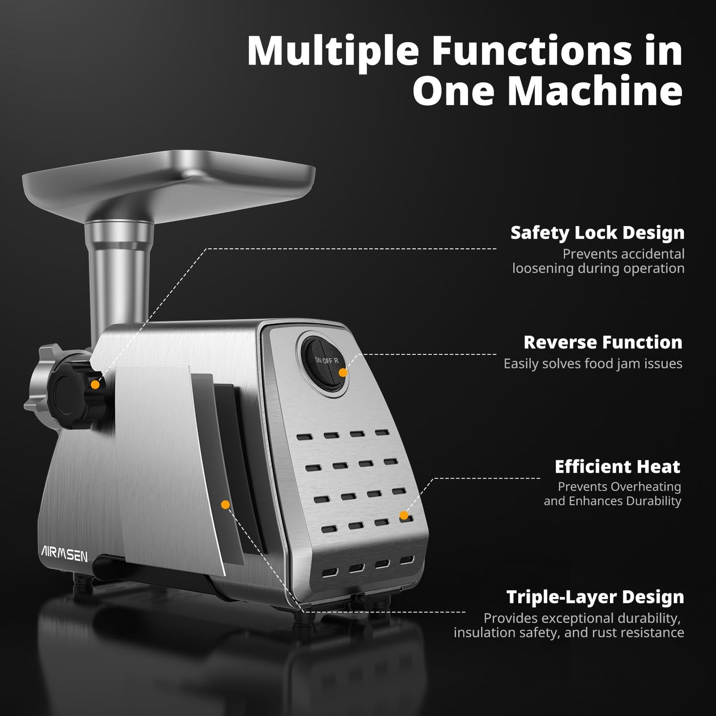 AIRMSEN Electric Meat Grinder & Tomato Sauce Press Maker with Strainer - Heavy Duty Food Mill Machine for Grinding Meat, Making Tomato Sauce, Sausage, Kibbeh for Home Kitchen Use