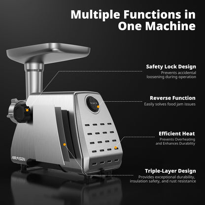 AIRMSEN Electric Meat Grinder & Tomato Sauce Press Maker with Strainer - Heavy Duty Food Mill Machine for Grinding Meat, Making Tomato Sauce, Sausage, Kibbeh for Home Kitchen Use