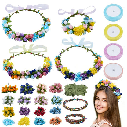 ACRNIGHEET 20 Sets DIY Flower Crown Making Kit, Fairy Party Favors Floral Headband and Bracelet, Make Your Own Crown Garland Kits, Rosebud Flowr Crowns Kit for Princess Women Wedding Birthday Party