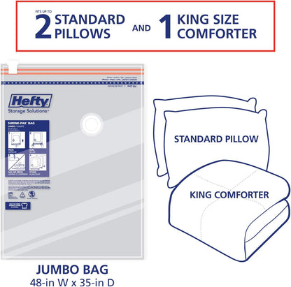 Hefty Shrink-Pak Vacuum Storage Bags, Space Saver for Under Bed, Clothing and Comforter Storage, 3 Jumbo Bags