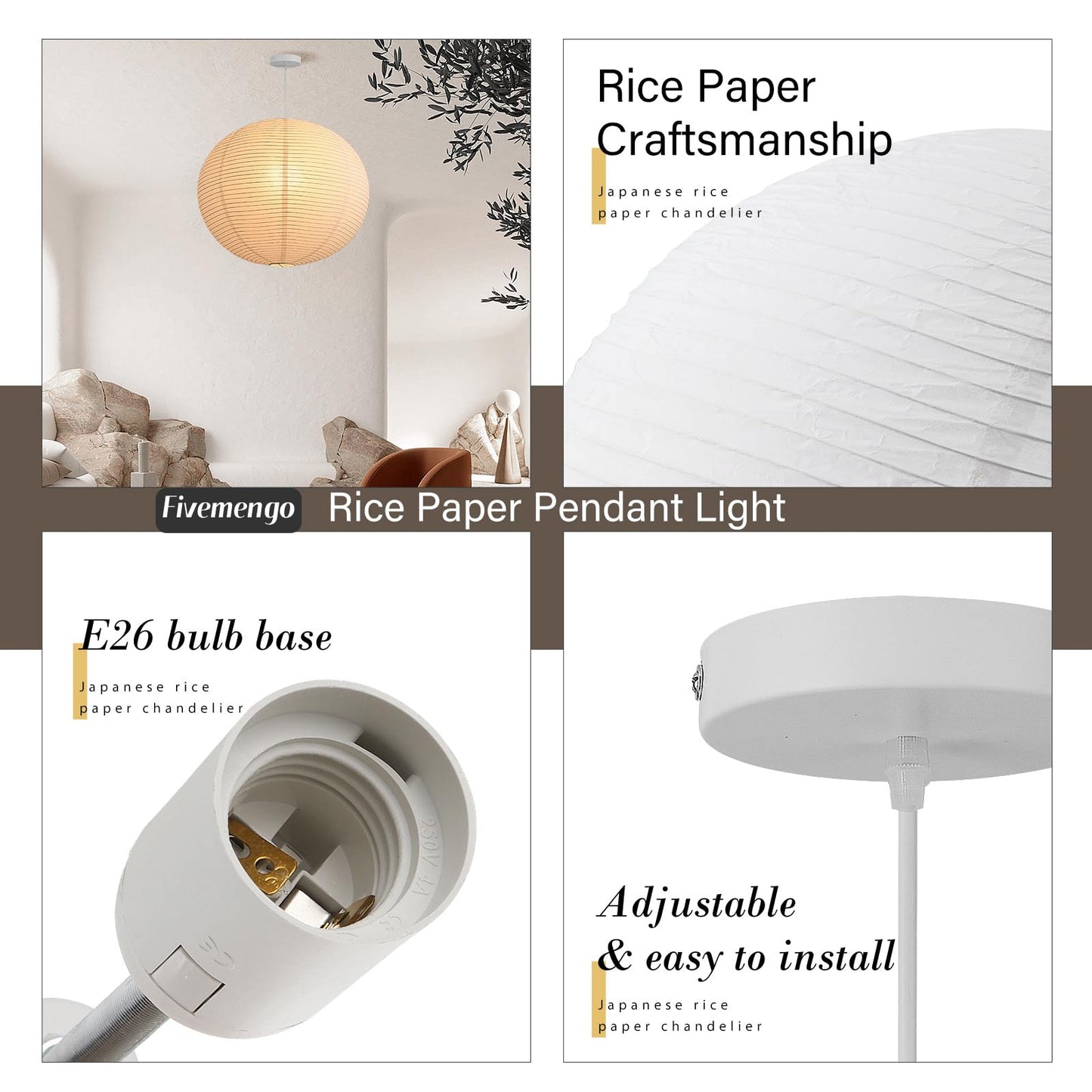 Fivemengo Large Rice Paper Pendant Light Kit, 20in White Globe Paper Lantern Lights, E26 Base, Japanese Hanging Lantern Lamp Japandi Chandelier for Dining Room Bedroom Office Living Room