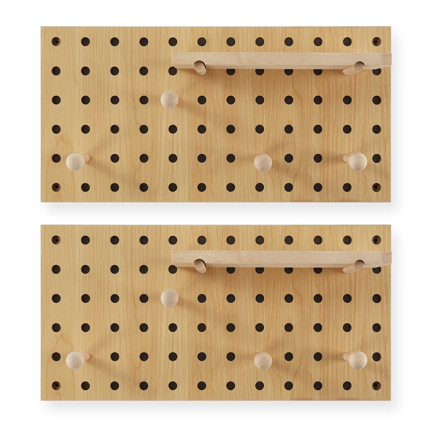 UMICAL 2 Pack Beige Wooden Pegboard, Modular Wall Organizer Storage Shelf with Hooks, Multi‑Use Display Peg Board for Home Office Bathroom Laundry Room