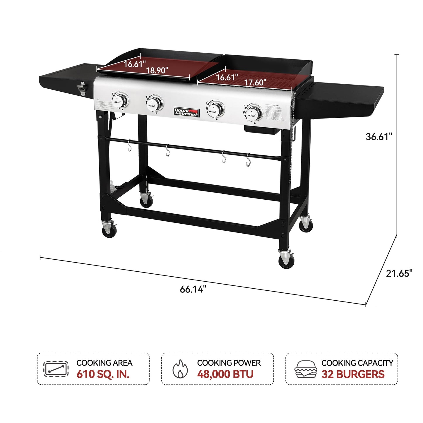 Royal Gourmet GD401 Portable Propane Gas Grill and Griddle Combo with Side Table | 4-Burner, Folding Legs,Versatile, Outdoor | Black 66 Inch