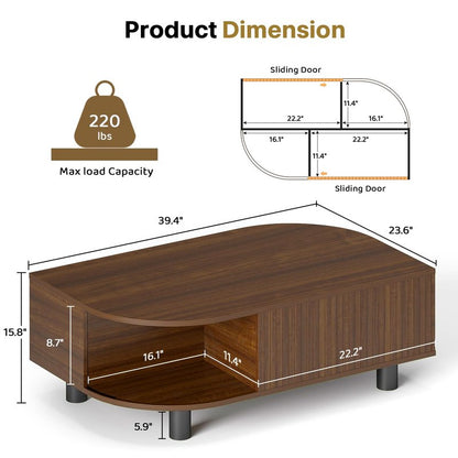sunmiler Mid-Century Modern 39.4" Coffee Table - Leaf-Shaped Wood Center Table with Storage, Retro Fluted Central Table with Sliding Door for Living Room, Office, Walnut