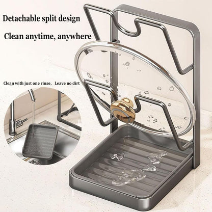 POCONT Kitchen Pot Lid Storage Rack, Carbon Steel Pot Lid Holder with Spoon Rest While Cooking, Multifunctional Countertop Organizer with Removable Drip Tray for Cutting Boards, Ladles