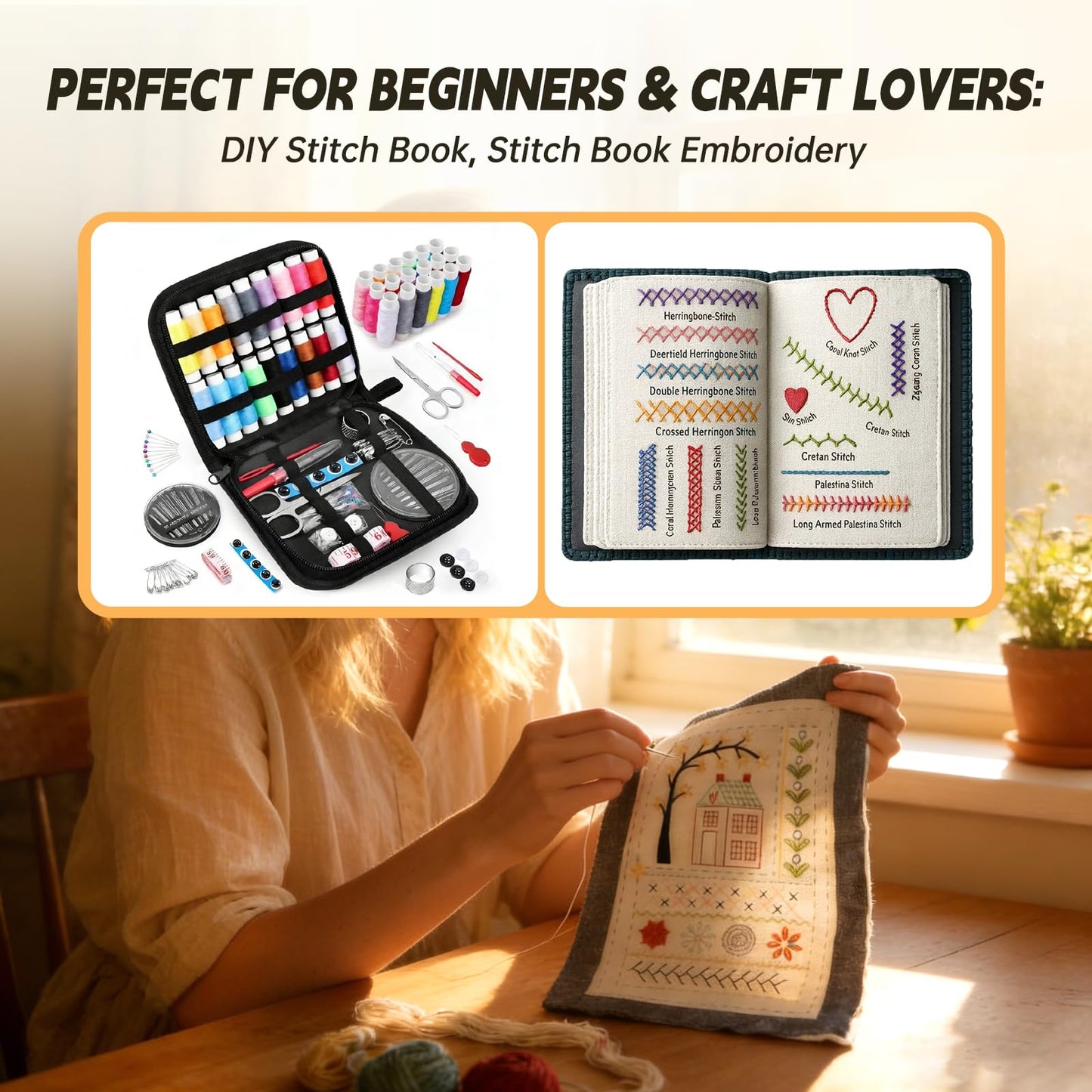 Embroidery Stitch Book Kit for Beginners, 106 Patterns with 86-Piece Tools, Portable DIY Learning Book with Video Tutorials, Mindfulness Hand Embroidery Starter Kit for Adults, Relaxing Craft Gift