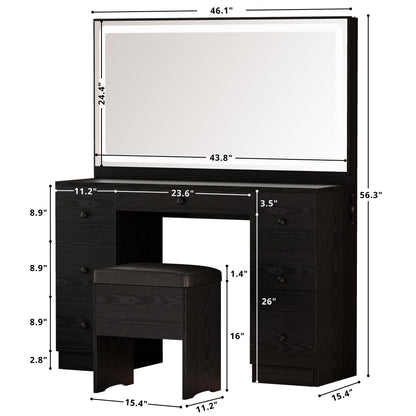 IRONCK Vanity Makeup Desk Set with LED Lighted Mirror & Power Outlet, 7 Drawers Bedroom Vanities Table with Stool,Black