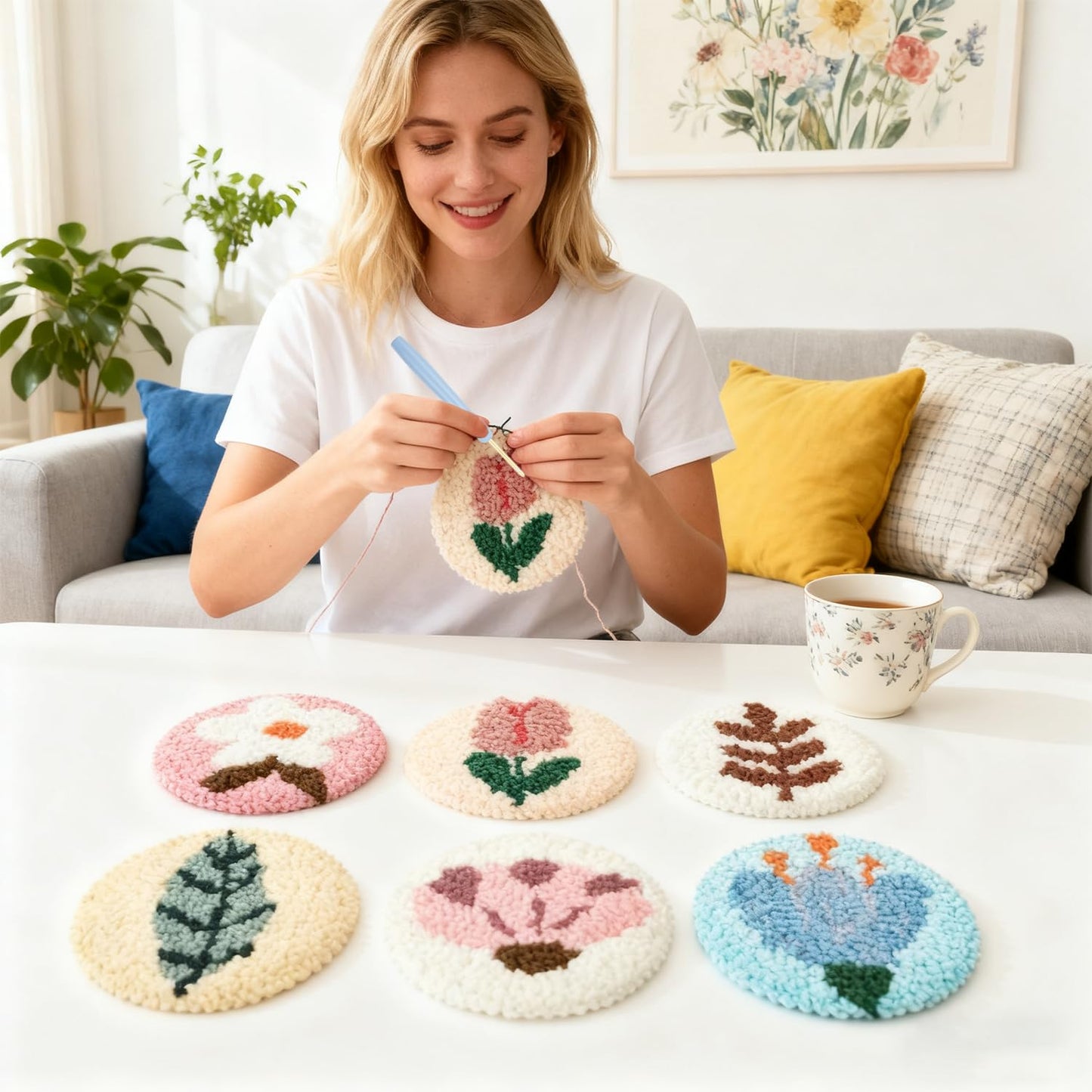6 Pcs Punch Needle Coaster Kit for Adults Beginner, Plant Floral Punch Needle Embroidery Kit with Yarns, Hoop, Threader, Felt Cloths, Instruction, Coaster Making Supplies for Home Decor, Gift Making