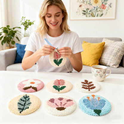 6 Pcs Punch Needle Coaster Kit for Adults Beginner, Plant Floral Punch Needle Embroidery Kit with Yarns, Hoop, Threader, Felt Cloths, Instruction, Coaster Making Supplies for Home Decor, Gift Making