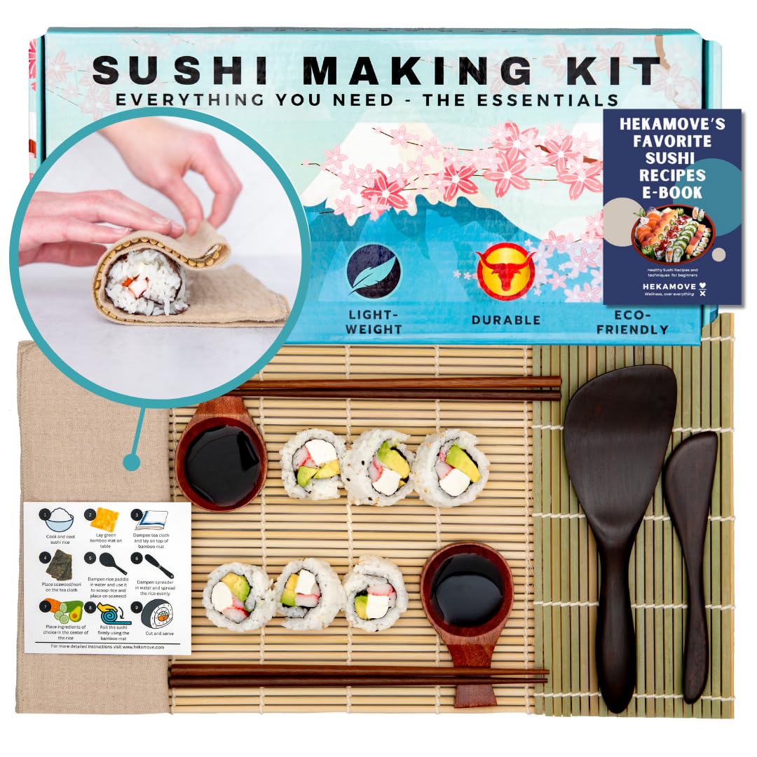 HEKAMOVE No Plastic Premium Sushi Making Kit for Home, for Beginners or Pro Sushi makers. Made of Premium Wood, includes Tea Cloth, Planet-Friendly - the Best Gift and DIY Home Sushi Kit Experience