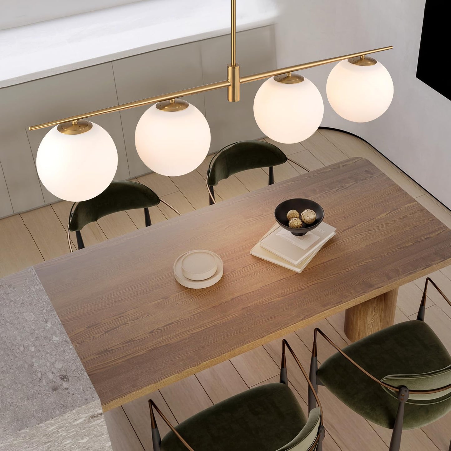 Zicbol 45.3" Modern Linear Chandelier 4-Lights Milk Glass Globe Linear Pendant Light Fixture Brushed Gold Mid Century Chandelier Kitchen Island Dining Room Light Fixture Over Table