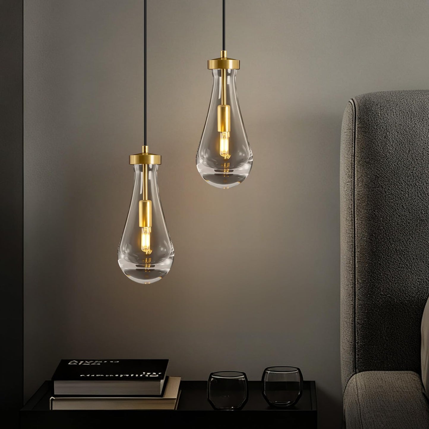 Raindrop Pendant Lights Kitchen Island: 2-Lights Crystal Teardrop Gold Pendant Light Fixture over Dining Table - Modern Glass Gold Rain Drop Ceiling Chandelier Bedroom Bathroom Breakfast Bar Lighting