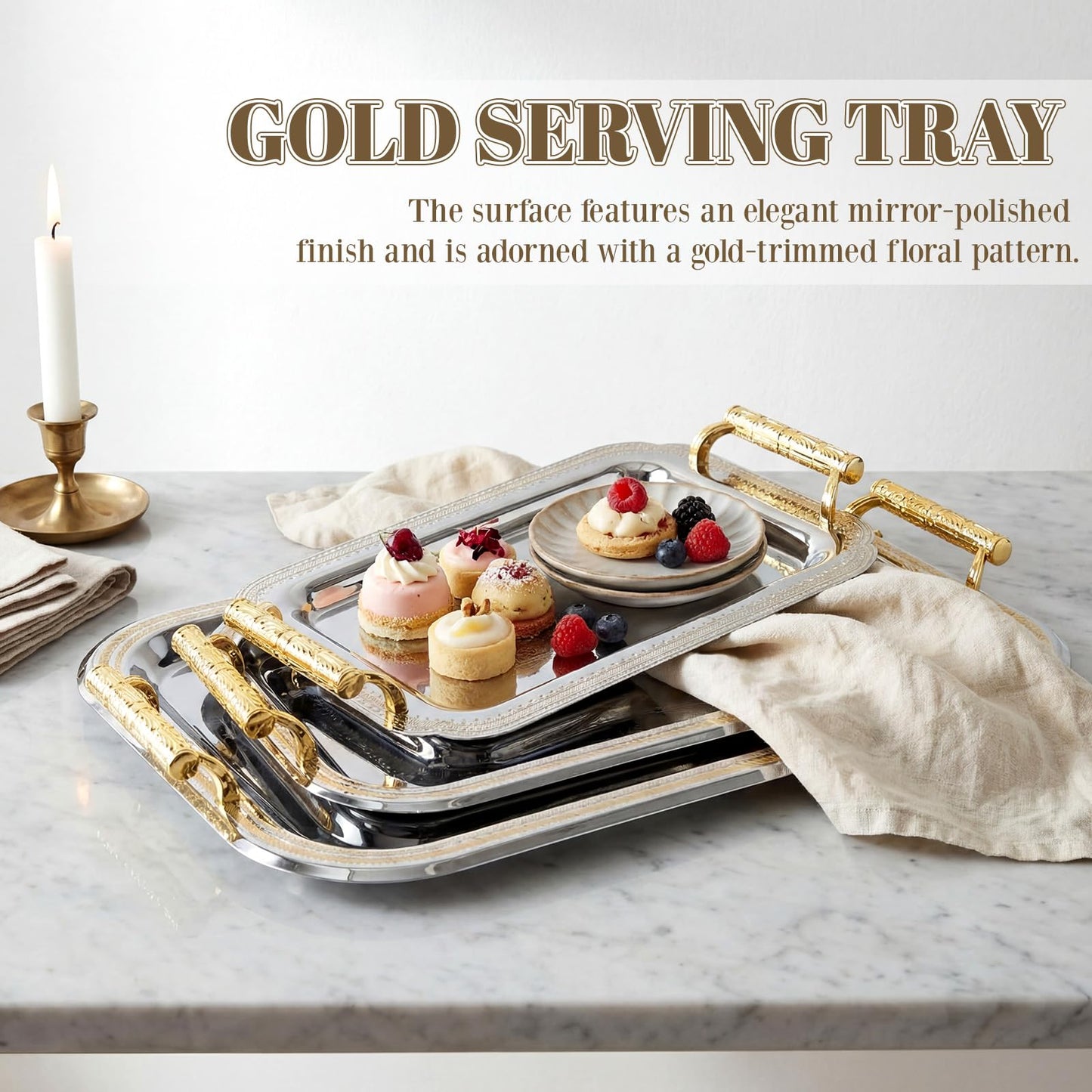 Teecyhooo 3 Pack Stainless Steel Serving Tray with Gold Handle Silver Metal Plate Platter Coffee Tea Serving Tray Floral Table Platter for Buffet Wedding Party Jewelry(Rectangle)