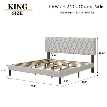CXVX King Size Bed Frame with Diamond Tufted Headboard, Linen Upholstered Platform Bed and Wooden Slat Support, Noise-Free, No Box Spring Needed, Easy Assembly, Light Grey